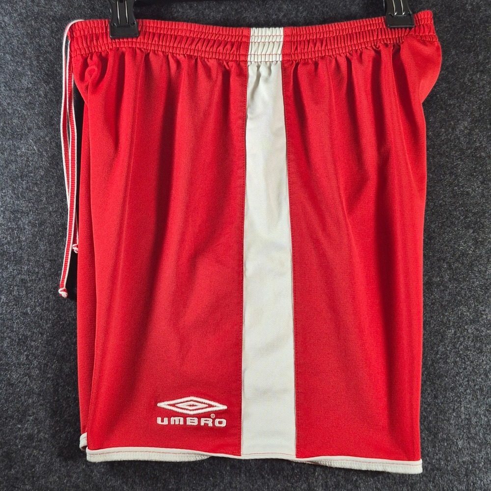 Umbro Mens Red Soccer Shorts Mesh Athletic Performance White Stripe Medium